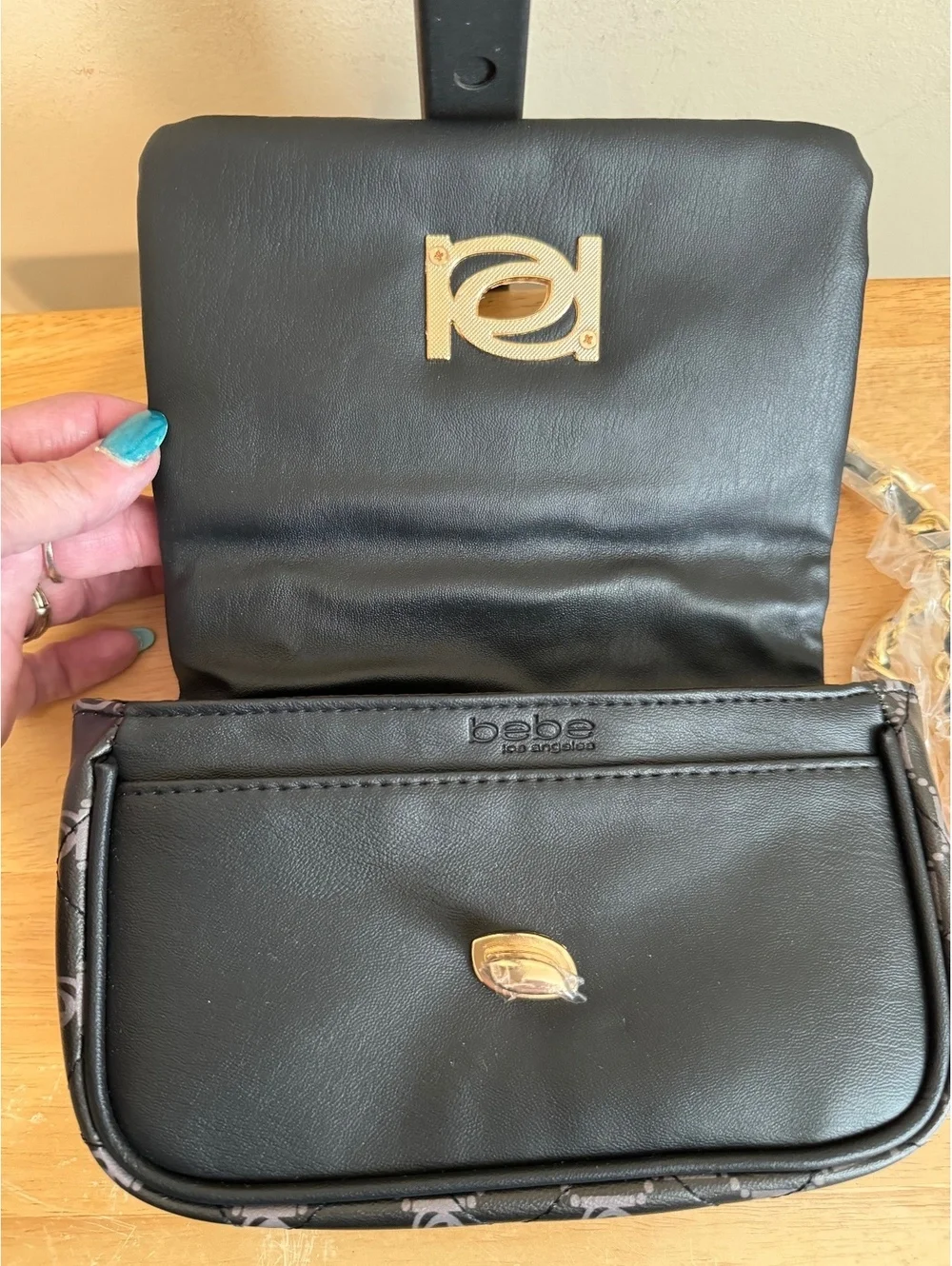Bebe Quilted Logo Crossbody Bag with Gold Chain Strap